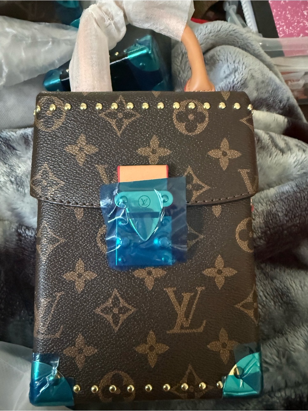 Brown Monogram Mini Trunk Crossbody with Gold Studs